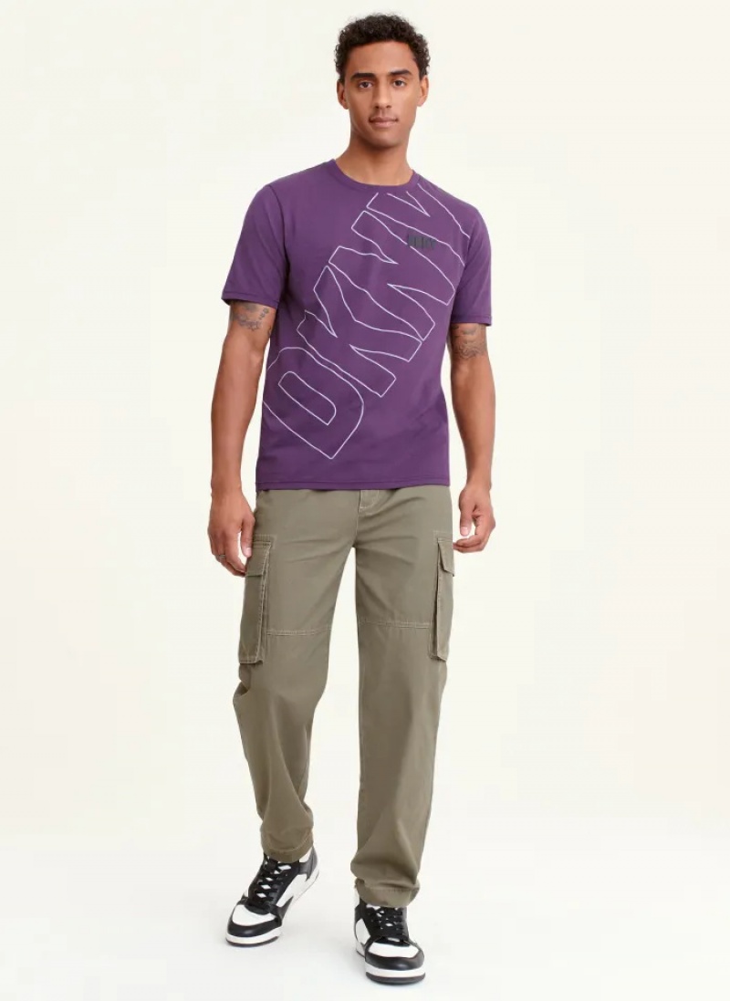 Purple Men's Dkny Logo Outline Cross Body T Shirts | 526TVMRUI