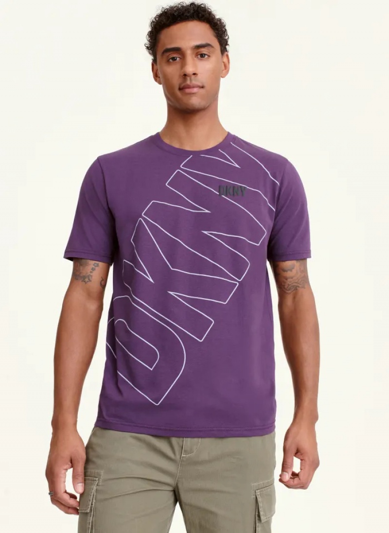 Purple Men\'s Dkny Logo Outline Cross Body T Shirts | 526TVMRUI