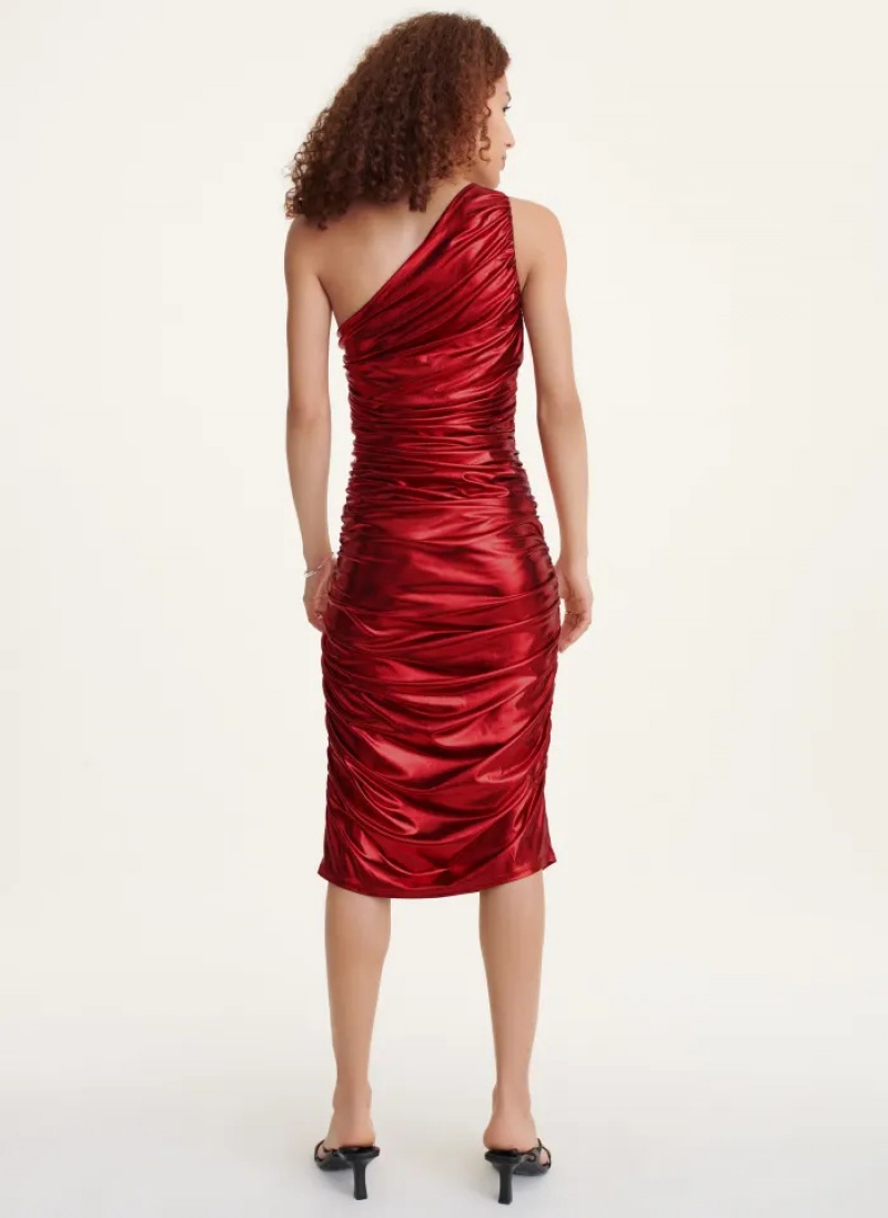 Red Women's Dkny Asymmetrical Ruched Dress | 082PDFSOU