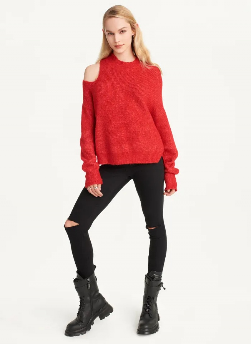 Red Women's Dkny Cold Shoulder Sweaters | 012WRQFYX