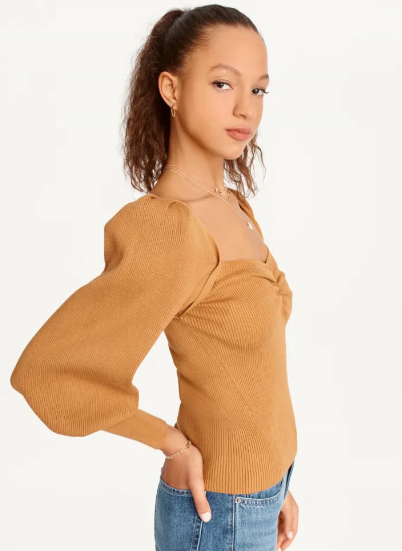 Roasted Pecan Women's Dkny Puff-Sleeve Sweatheart Sweaters | 125JDIZAQ