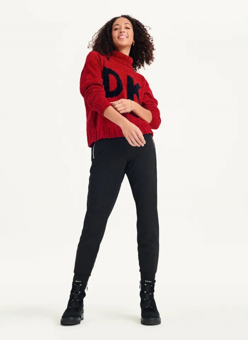 Scarlet/Black Women's Dkny Chunky Chenille Logo Sweaters | 523UGZSPH