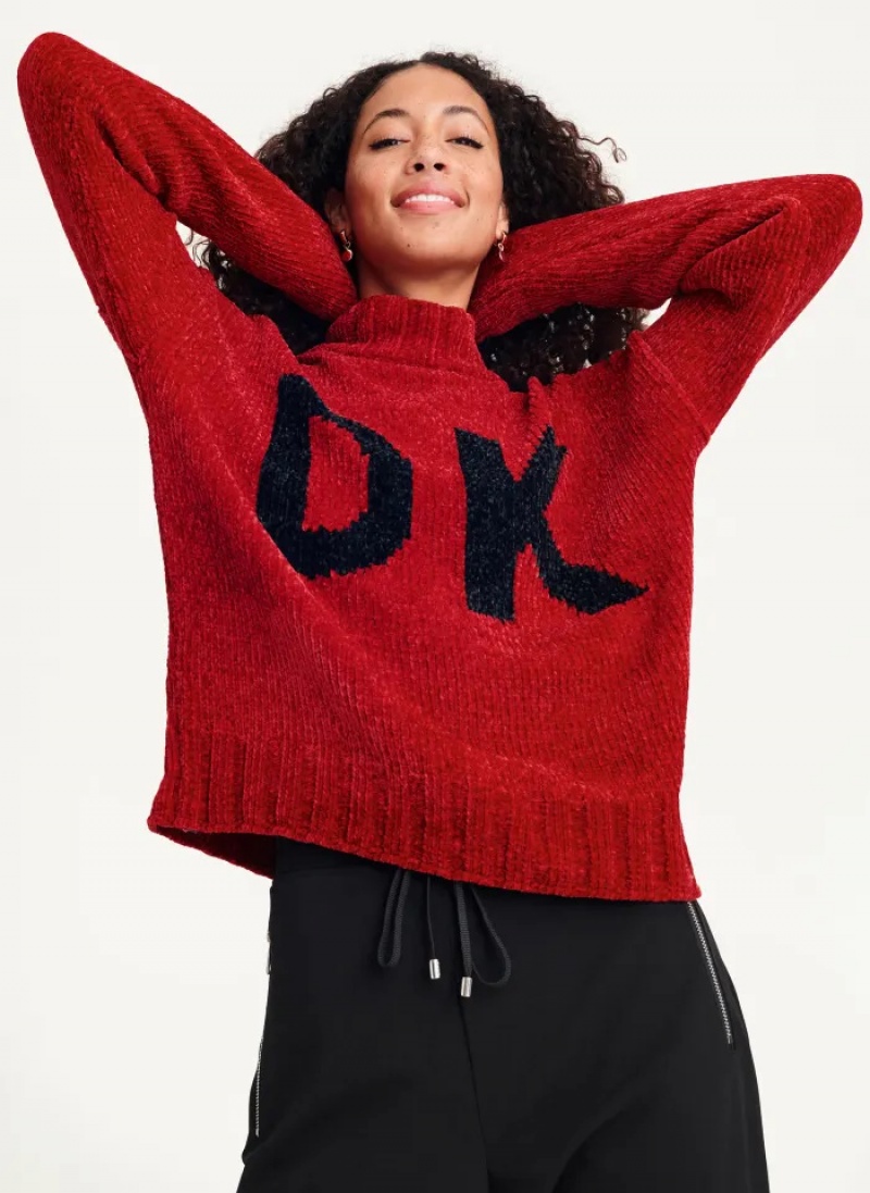 Scarlet/Black Women\'s Dkny Chunky Chenille Logo Sweaters | 523UGZSPH