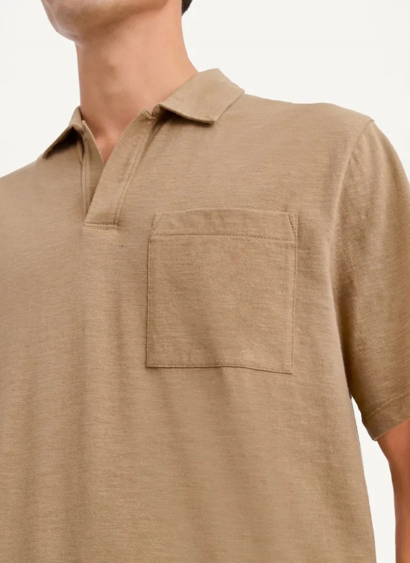 Taupe Men's Dkny Cotton Slub Jersey Single Breast Polo Shirts | 716YGOLPD