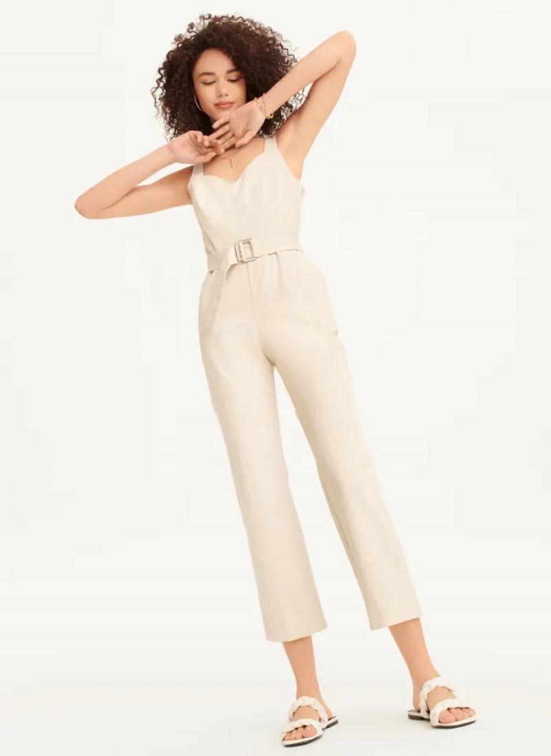 Taupe Women's Dkny Linen Belted Jumpsuit | 892IFEPDG
