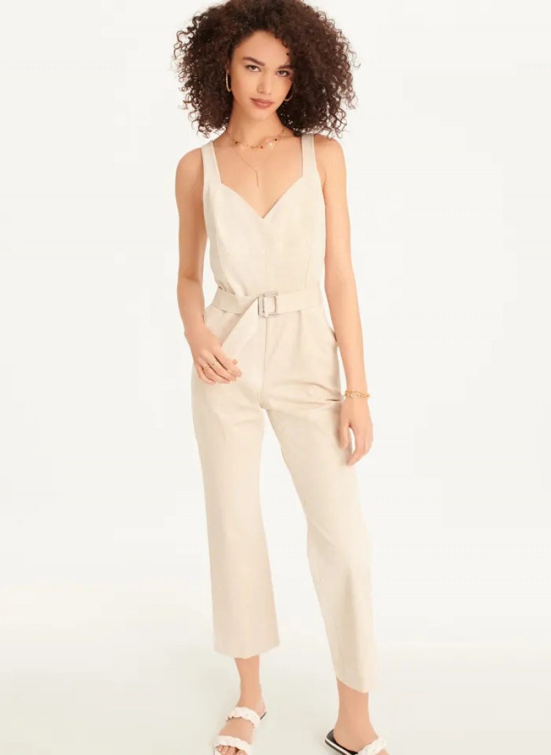 Taupe Women's Dkny Linen Belted Jumpsuit | 892IFEPDG