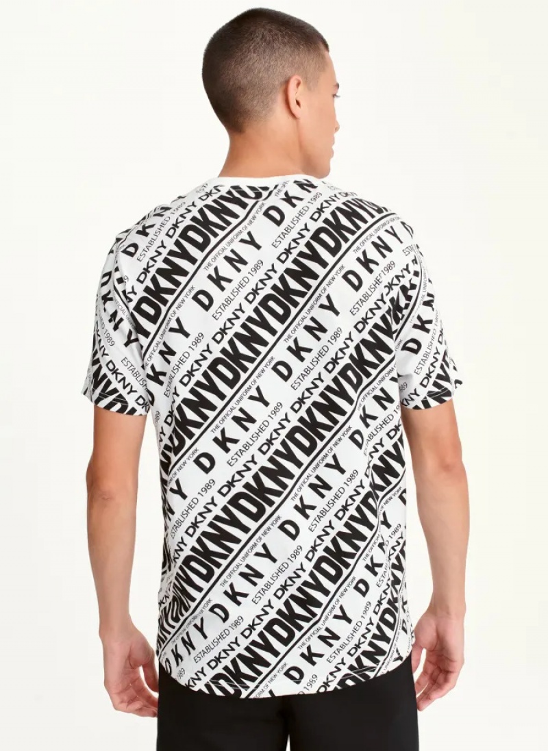 White/Black Men's Dkny ALLOVER DIAGONAL LOGO T Shirts | 250UETRMA