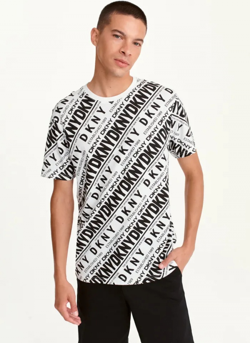 White/Black Men\'s Dkny ALLOVER DIAGONAL LOGO T Shirts | 250UETRMA