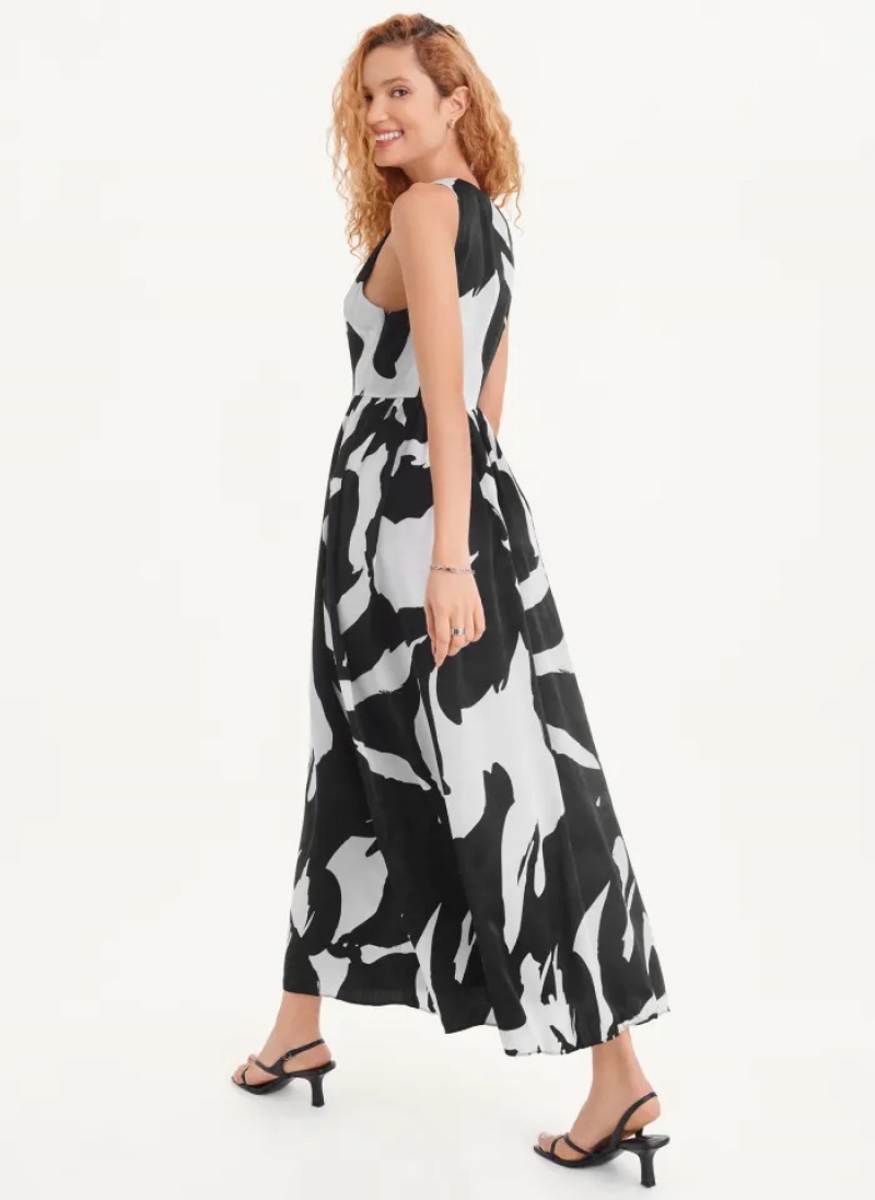 White/Black Multi Women's Dkny Printed Maxi Dress | 960GUFRNW