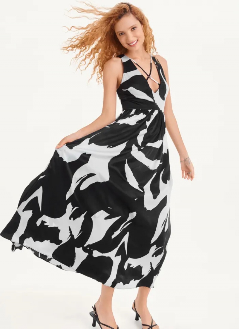 White/Black Multi Women's Dkny Printed Maxi Dress | 960GUFRNW