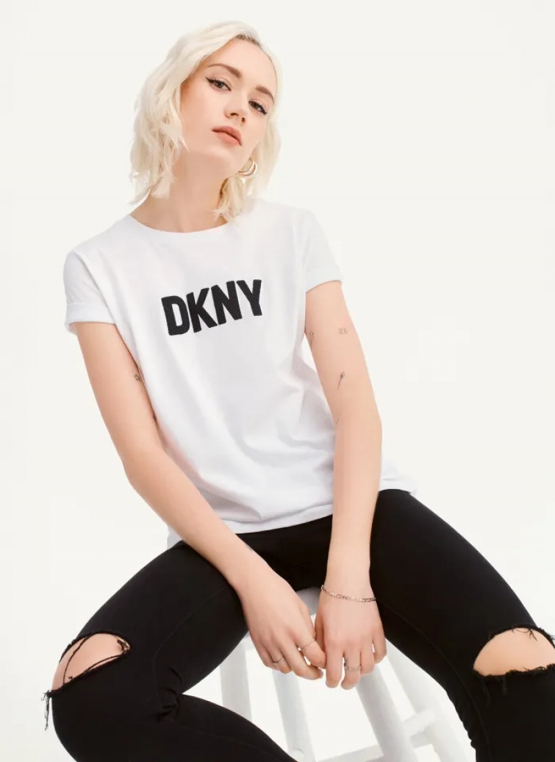 White/Black Women\'s Dkny Foundation Logo T Shirts | 039QZMTAR