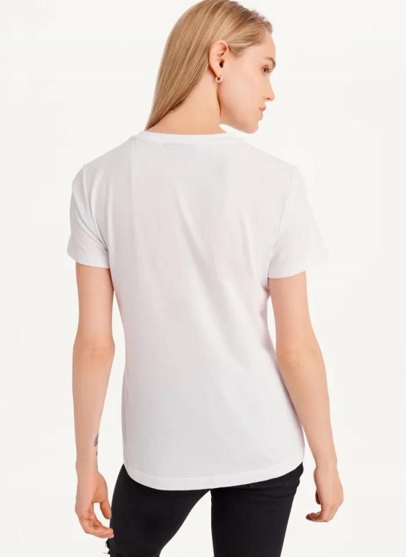 White/Silver Women's Dkny Rhinestone Glitter Logo T Shirts | 570EJSBXW
