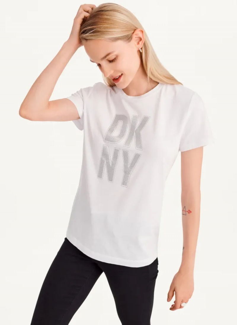 White/Silver Women\'s Dkny Rhinestone Glitter Logo T Shirts | 570EJSBXW