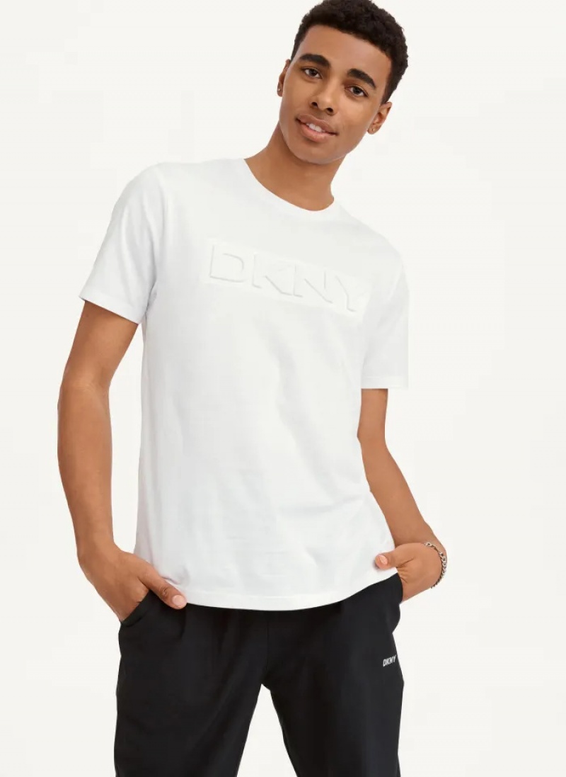 White Men's Dkny Debossed Logo T Shirts | 879BAUHLD
