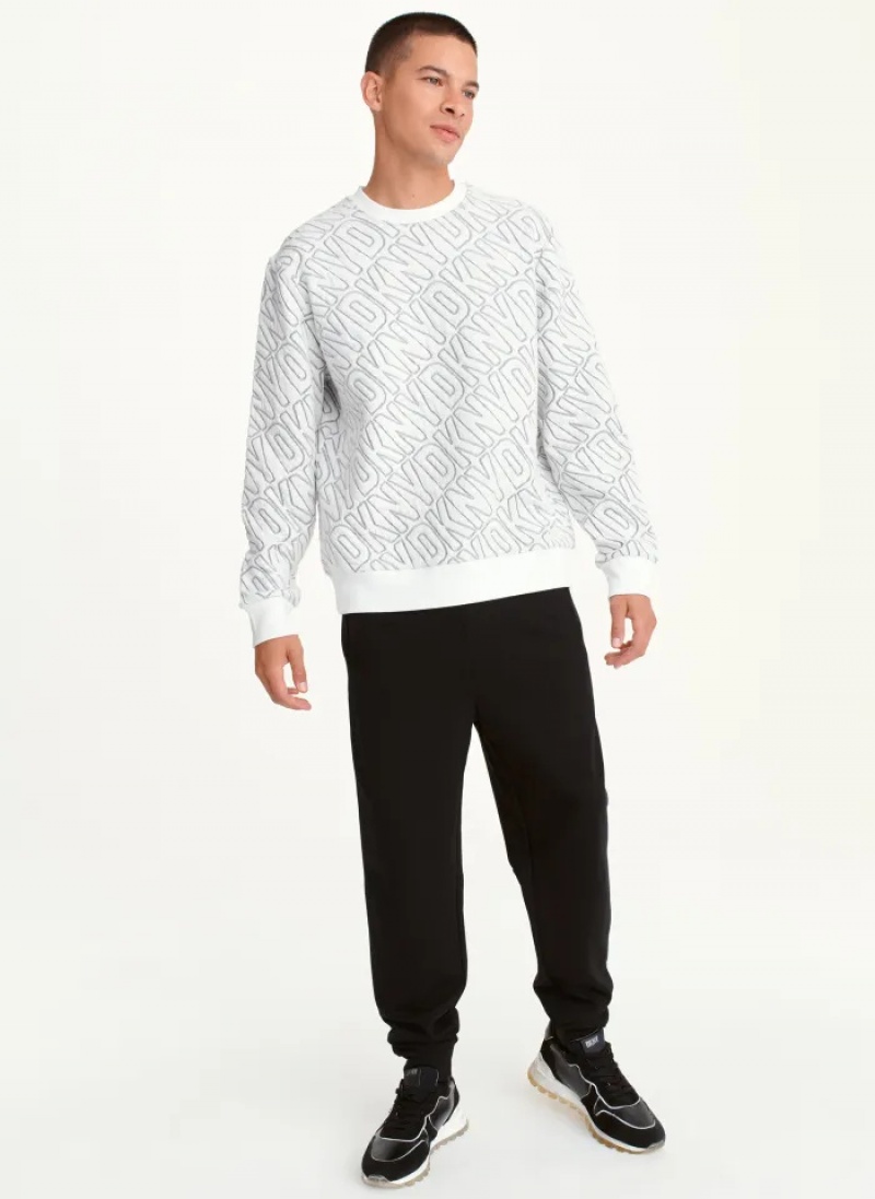 White Men's Dkny Double Knit Logo Crew Sweaters | 350LDBXRG