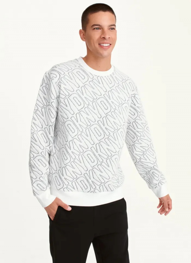 White Men\'s Dkny Double Knit Logo Crew Sweaters | 350LDBXRG