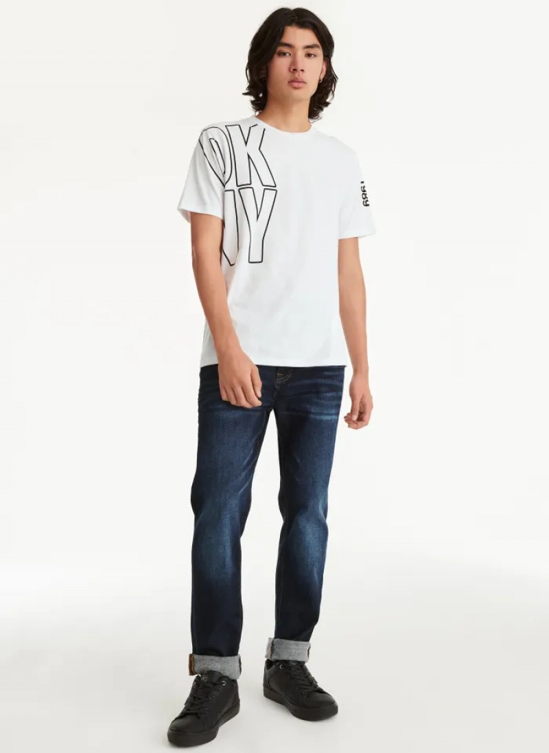 White Men's Dkny Exploded Logo Outline T Shirts | 579NTXYQJ