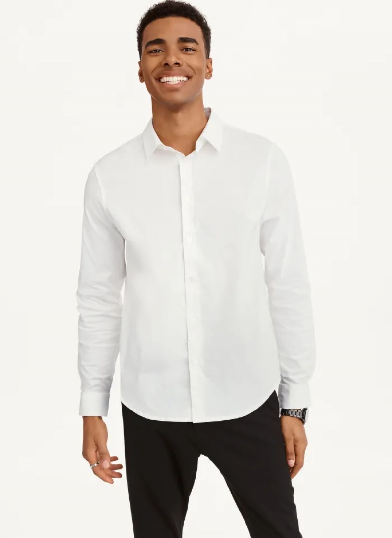 White Men\'s Dkny Long Sleeve Button Down Shirts | 509APRXEM