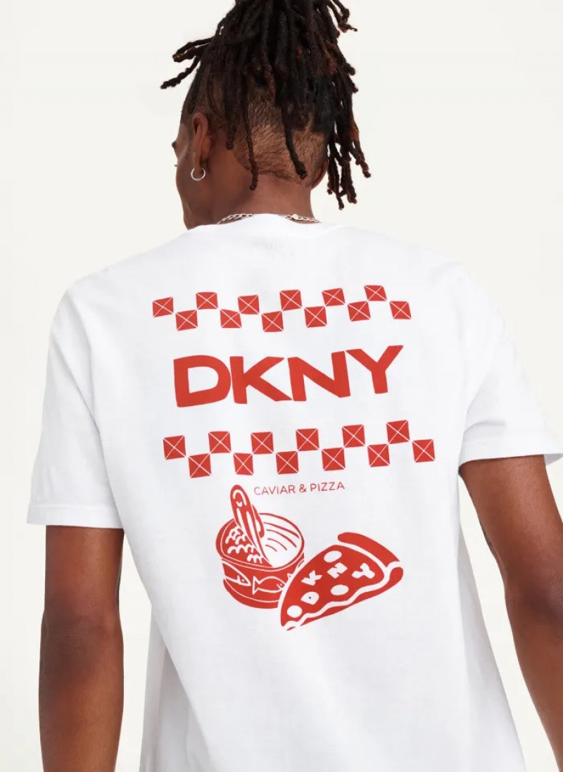 White Men's Dkny Pizza And Caviar T Shirts | 184MXQECA
