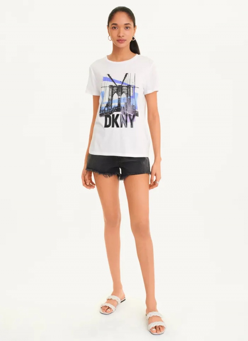White Women's Dkny Brooklyn Bridge Logo T Shirts | 834MIYNHL