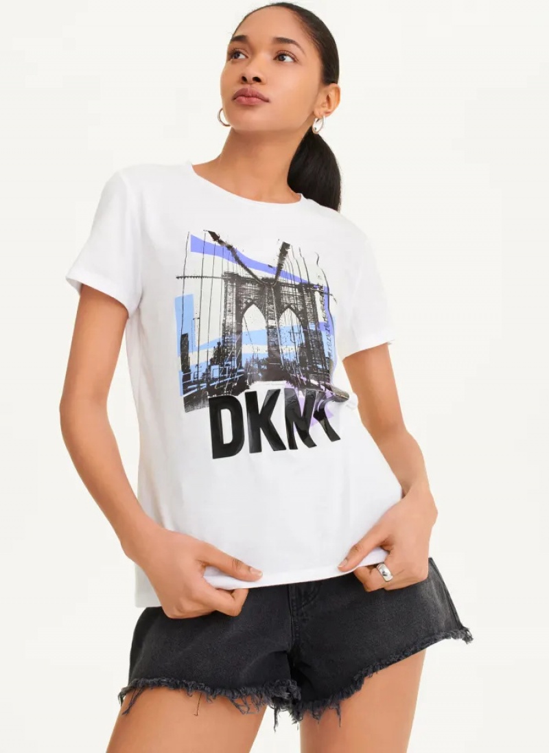 White Women\'s Dkny Brooklyn Bridge Logo T Shirts | 834MIYNHL