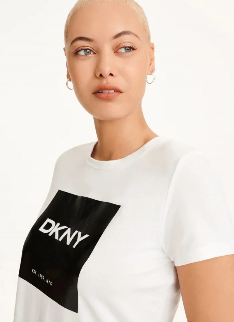 White Women's Dkny Coated Box Logo T Shirts | 149RDUHIX