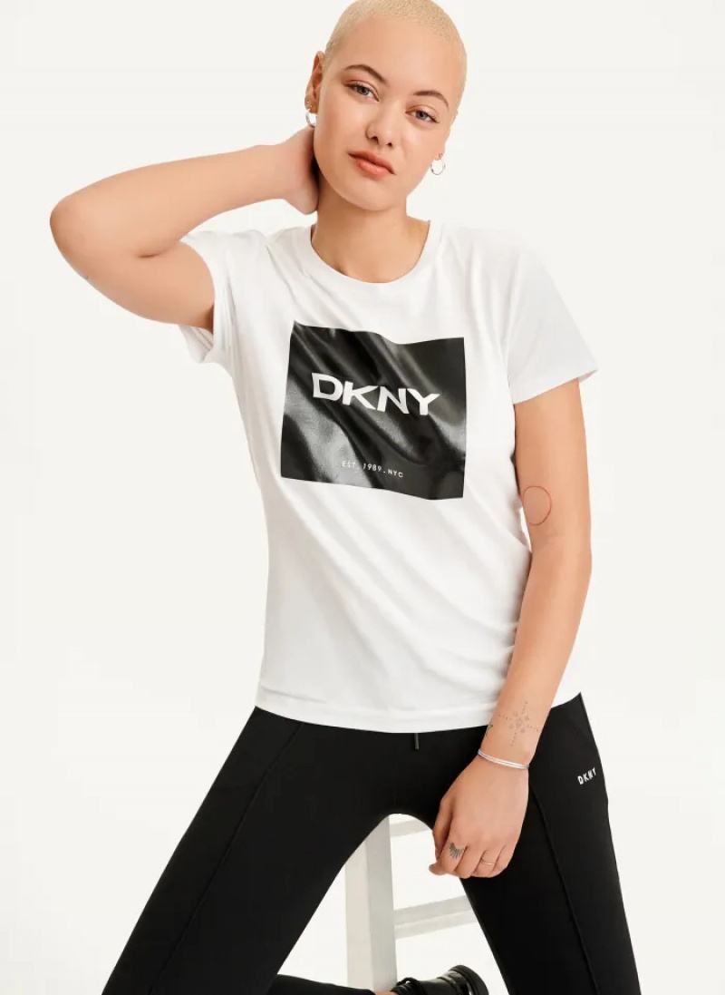 White Women\'s Dkny Coated Box Logo T Shirts | 149RDUHIX