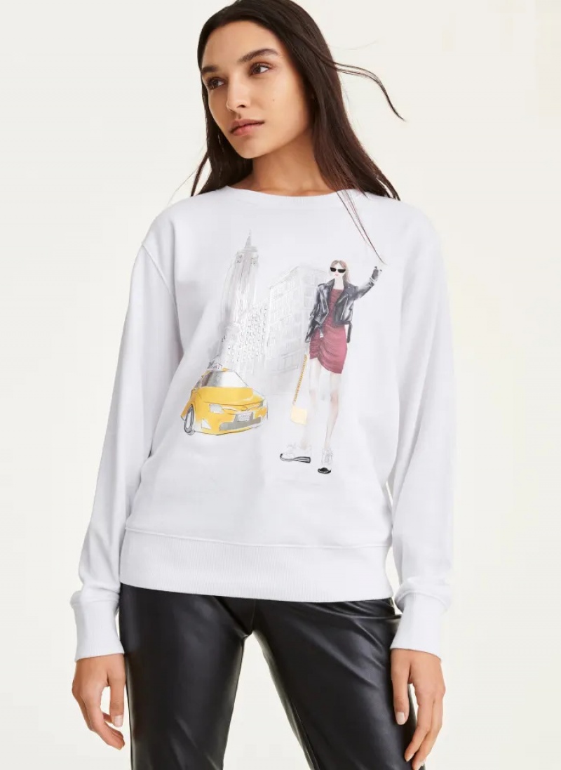 White Women\'s Dkny Conversational Graphic Sweatshirts | 218CTJXKN