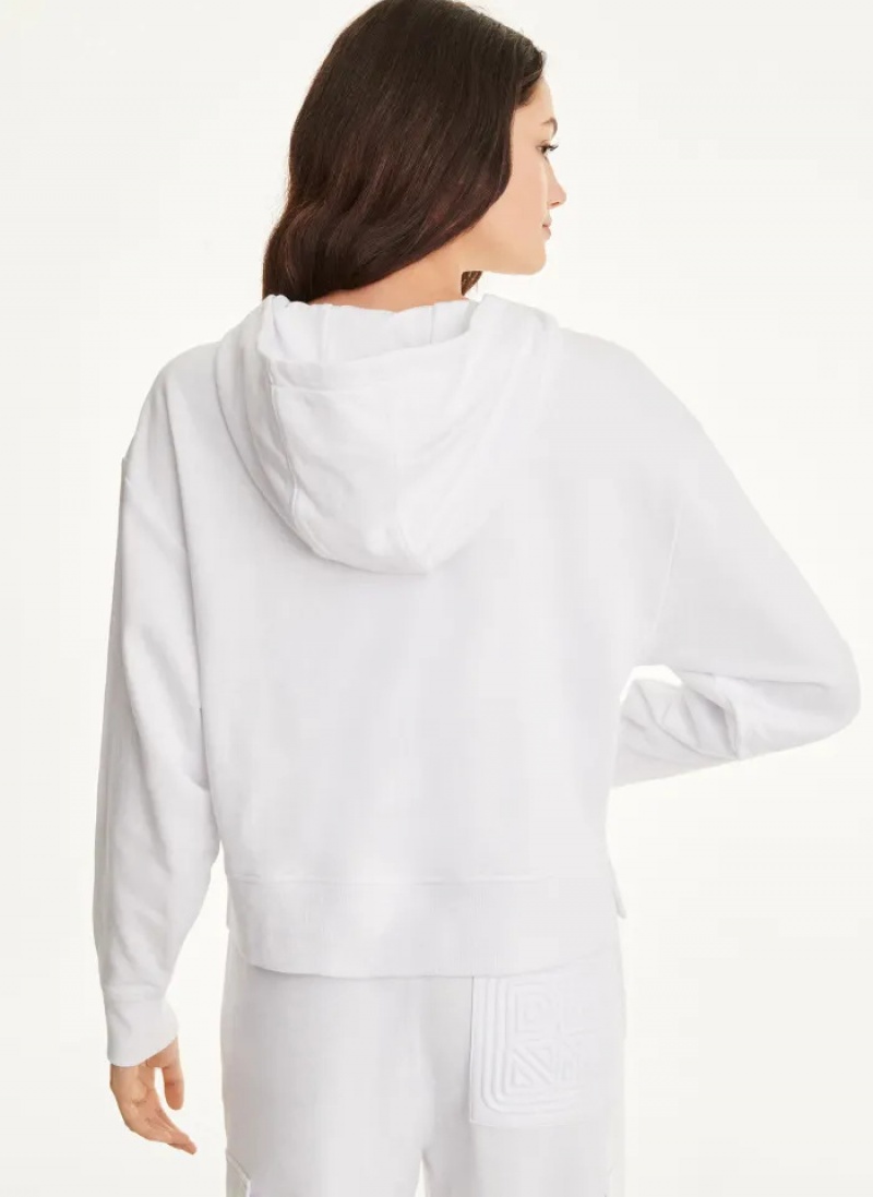 White Women's Dkny Cotton French Terry with Bag Kangaroo Pocket Hoodie | 579RNDTBQ