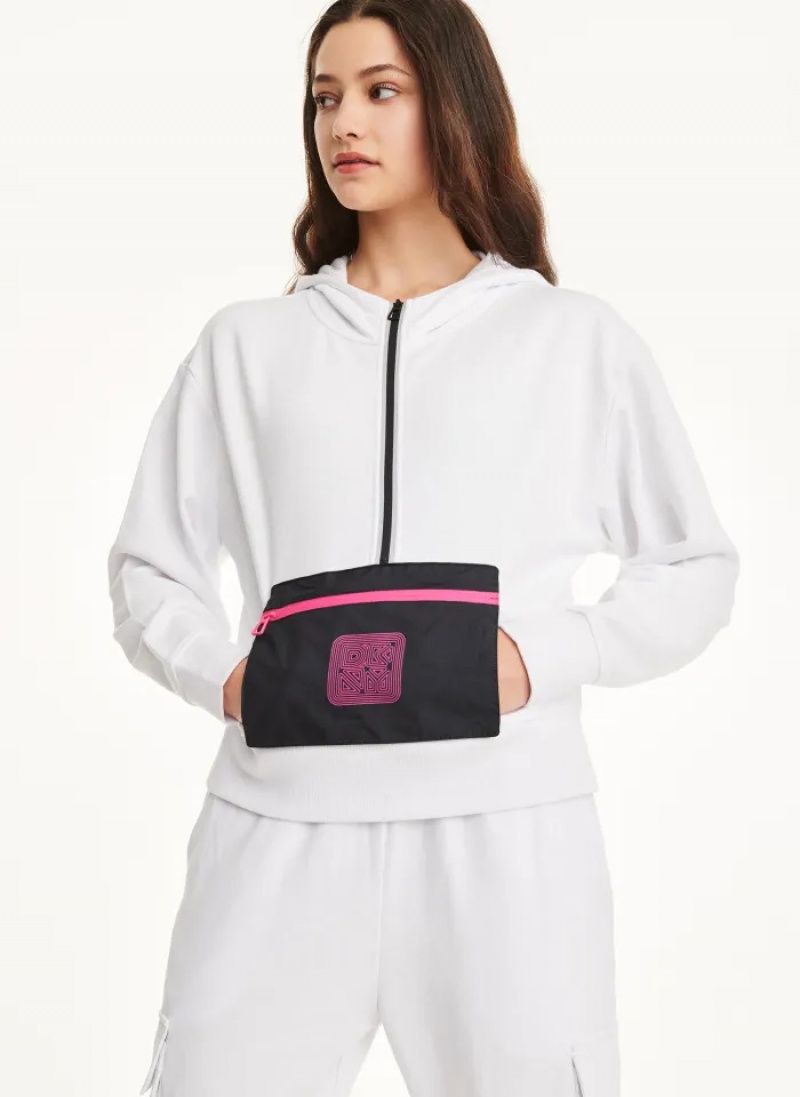 White Women\'s Dkny Cotton French Terry with Bag Kangaroo Pocket Hoodie | 579RNDTBQ