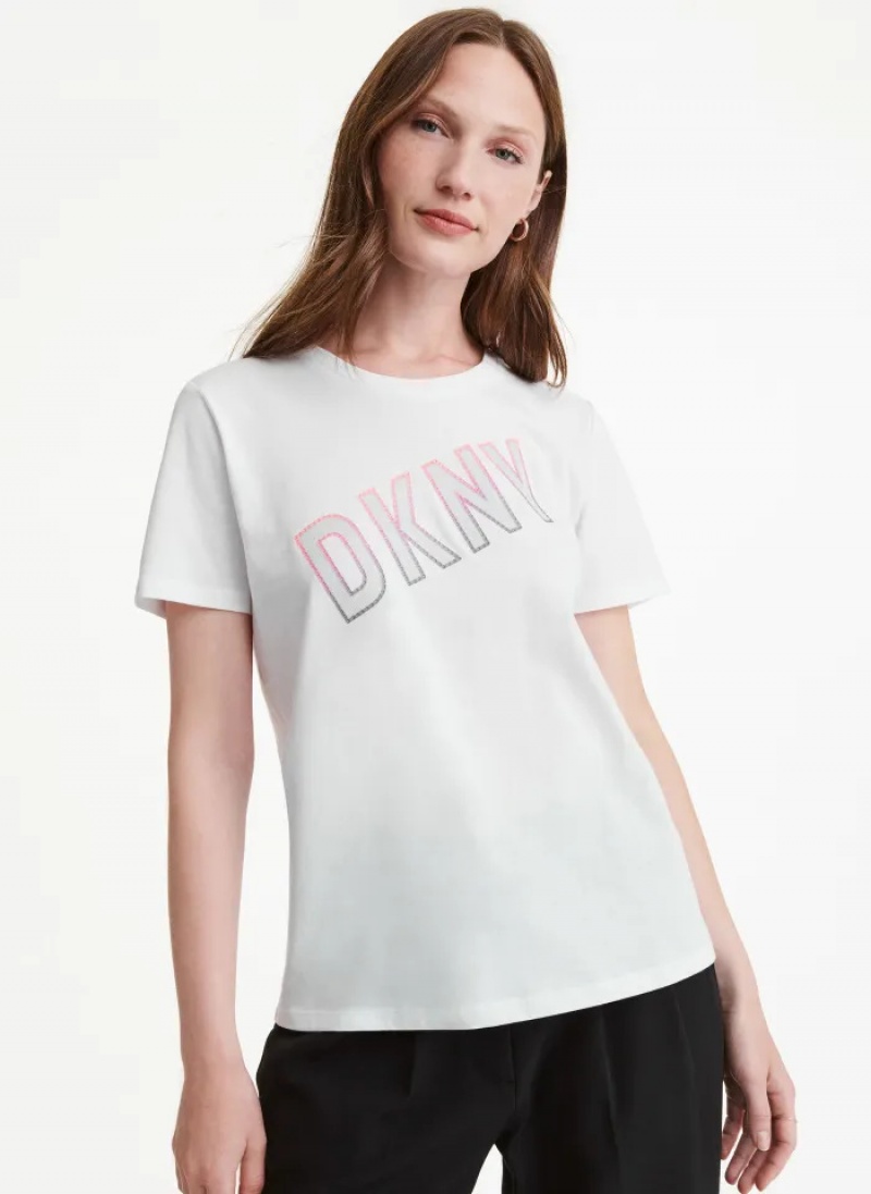 White Women\'s Dkny Diagonal Sequin Border T Shirts | 324IEVDOB