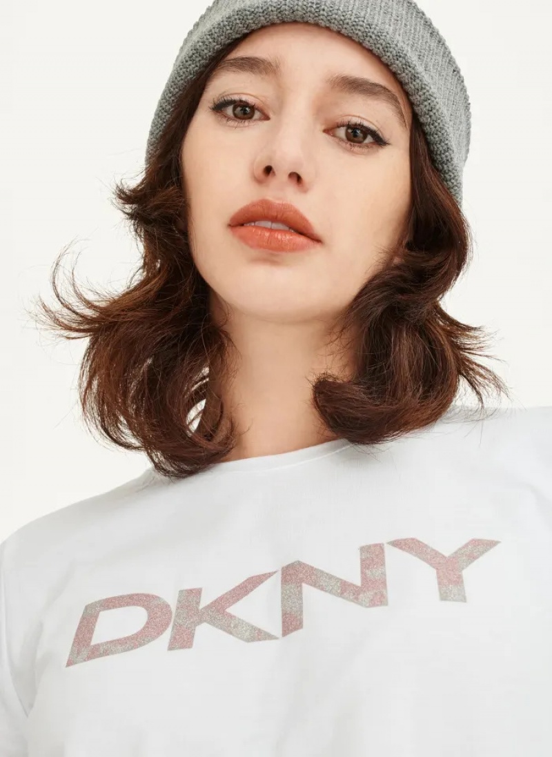 White Women's Dkny Glitter Logo T Shirts | 265HIDCJY