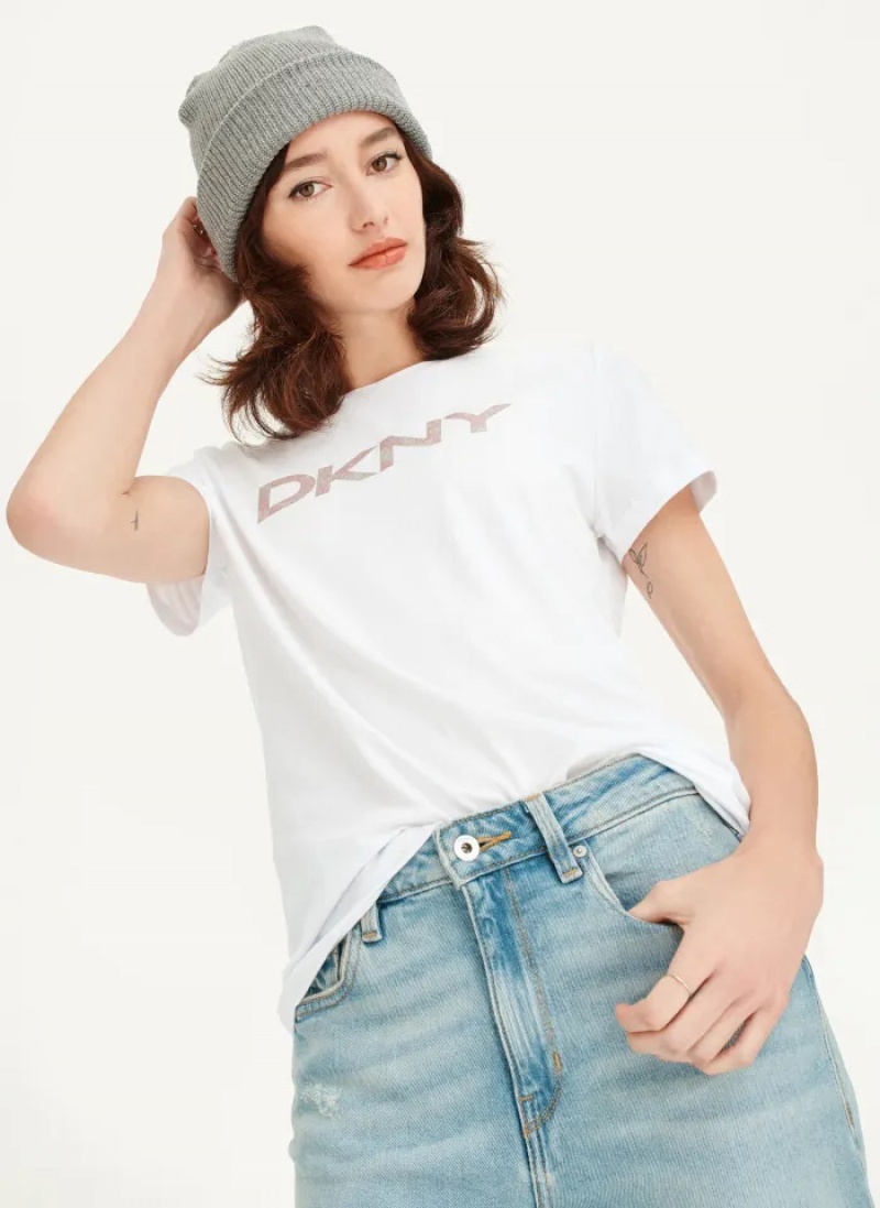 White Women\'s Dkny Glitter Logo T Shirts | 265HIDCJY