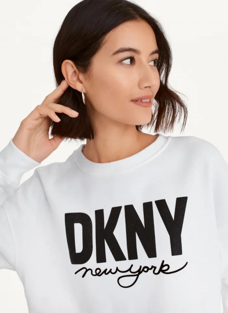 White Women's Dkny Glitter Script Logo Cropped Raw Edge Pullover | 072CXDPZJ
