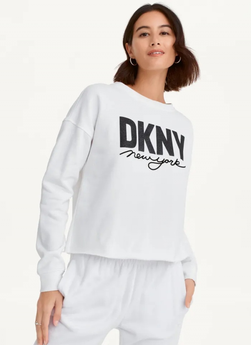 White Women\'s Dkny Glitter Script Logo Cropped Raw Edge Pullover | 072CXDPZJ
