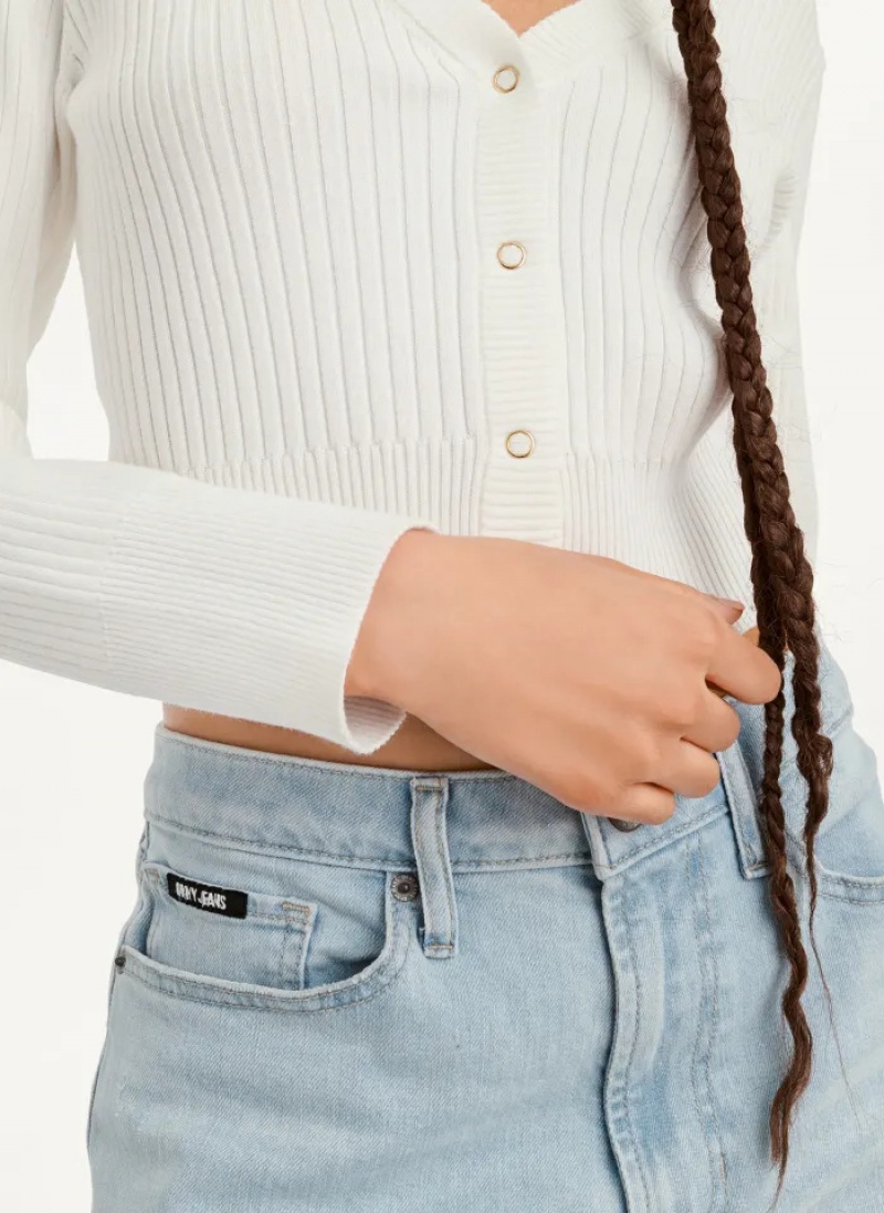 White Women's Dkny Long Sleeve Cropped Button Sweaters | 093LZHCKX