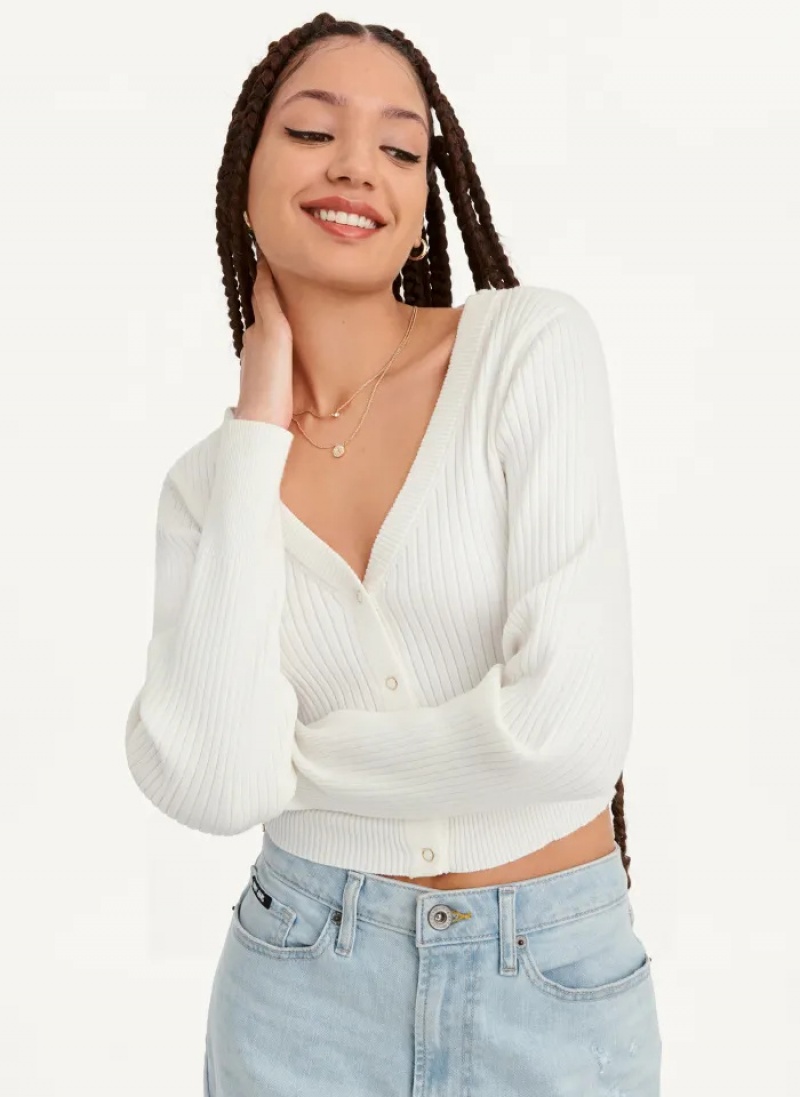 White Women\'s Dkny Long Sleeve Cropped Button Sweaters | 093LZHCKX
