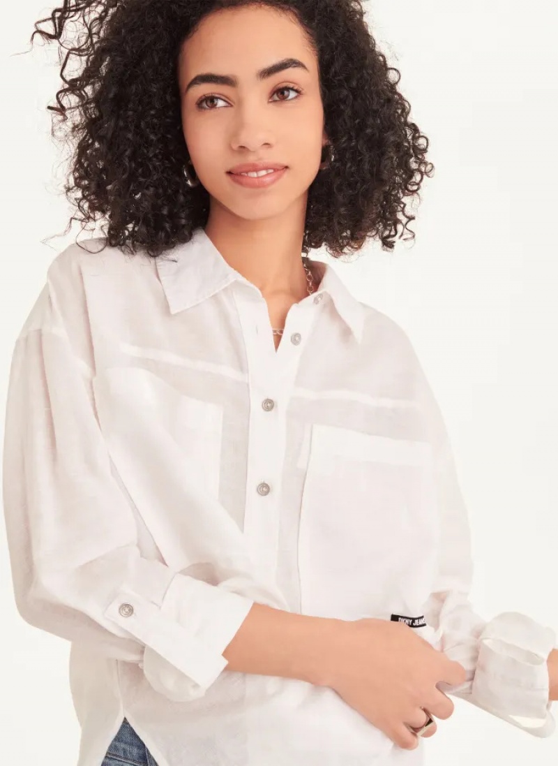 White Women's Dkny Long Sleeve High Low Shirts | 231RSLOQD