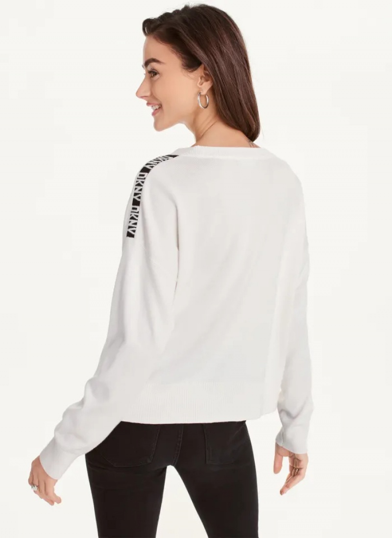 White Women's Dkny Long Sleeve Logo Tape Sweaters | 821JKVCSB