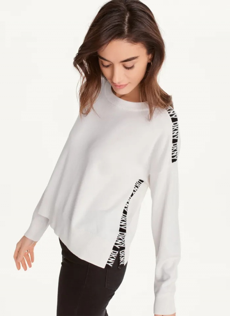 White Women\'s Dkny Long Sleeve Logo Tape Sweaters | 821JKVCSB