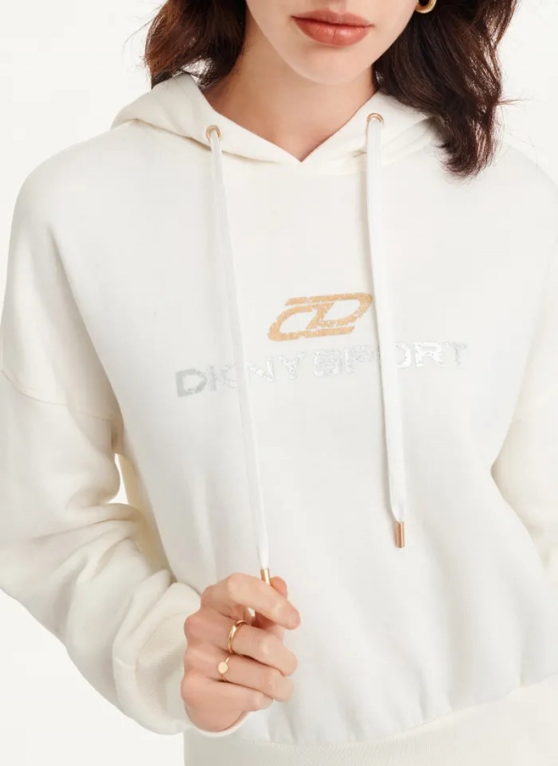 White Women's Dkny Mixed Distressed Metallic Logo Cropped Hoodie | 984PDIURE