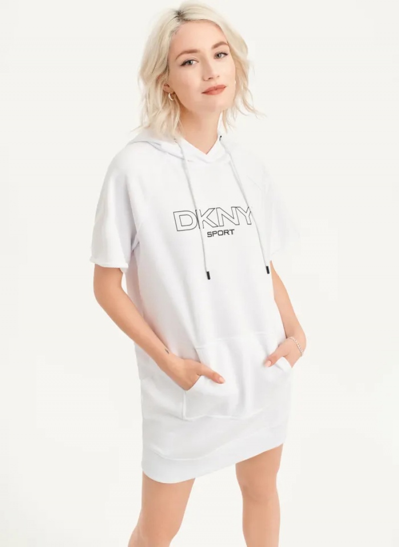 White Women\'s Dkny Outline Logo Hooded Dress | 302OKXLHQ