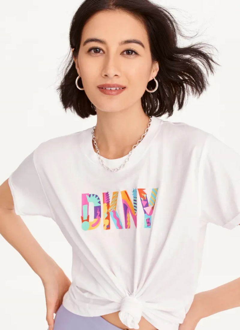White Women's Dkny Pride Logo Knot Front T Shirts | 649UQLNEM