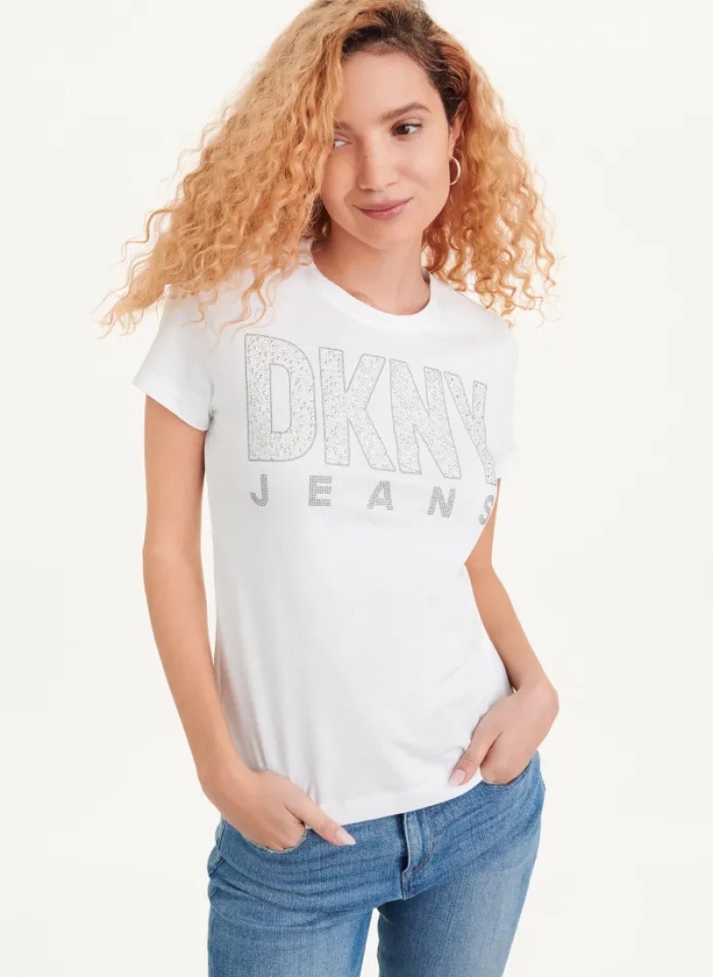 White Women\'s Dkny Short Sleeve Stud Logo T Shirts | 841UDWHZM