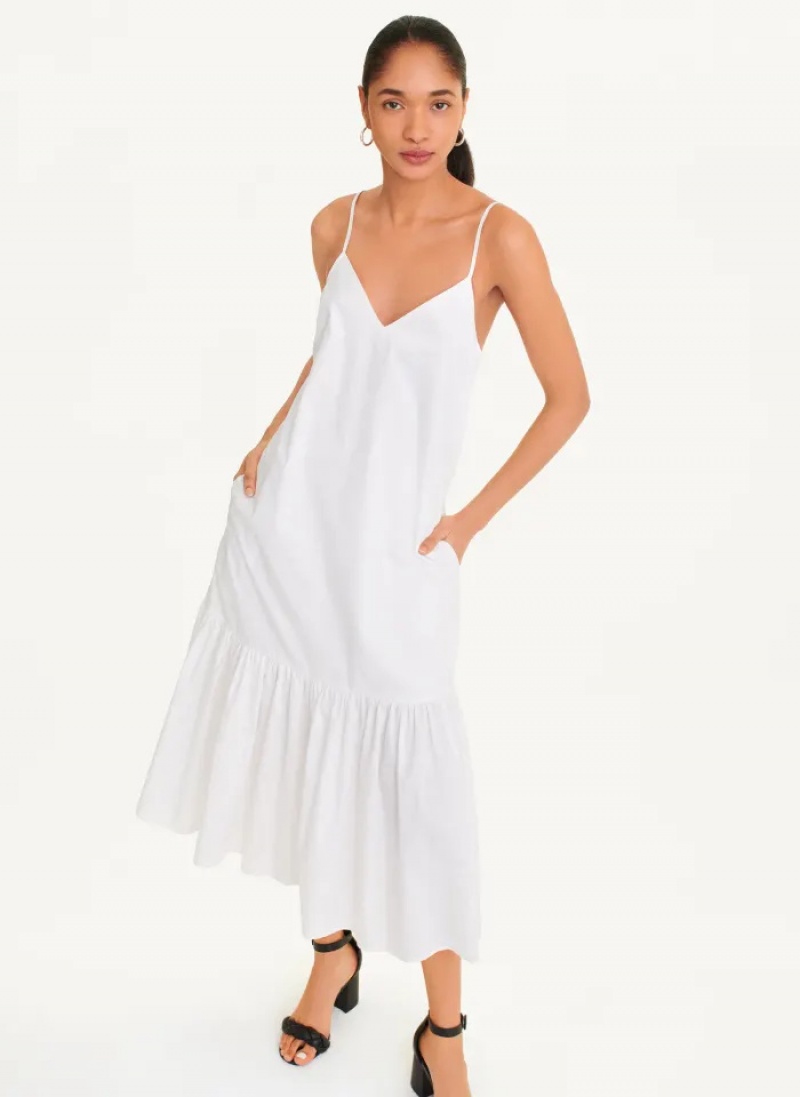 White Women's Dkny Sleeveless V-Neck Poplin Dress | 375WDFPBU