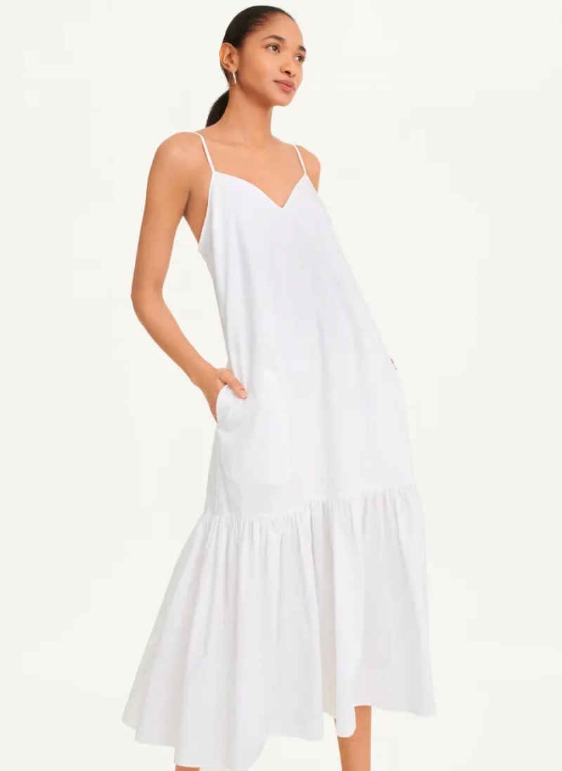White Women\'s Dkny Sleeveless V-Neck Poplin Dress | 375WDFPBU
