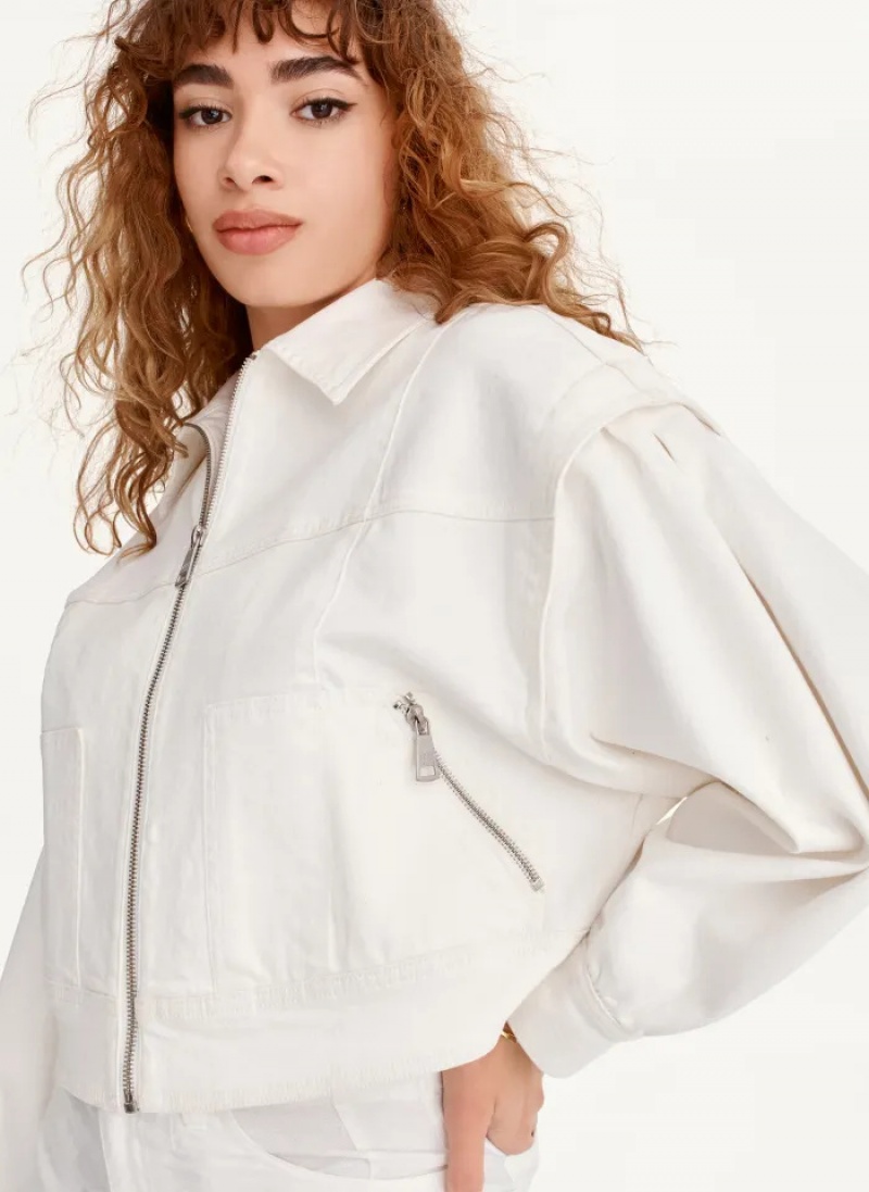 White Women's Dkny Zip Front Flange Denim Jacket | 978VIRGUZ