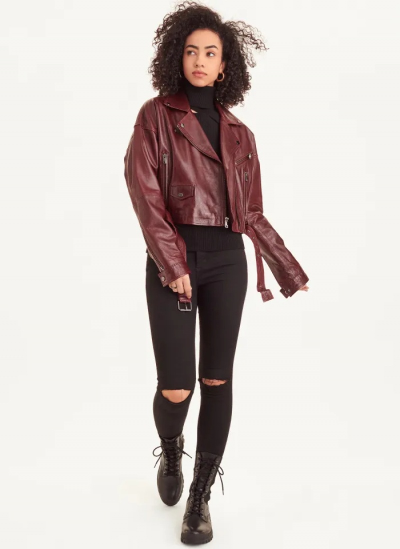 Wine Women's Dkny Cropped Biker Jacket | 195KMNCGQ