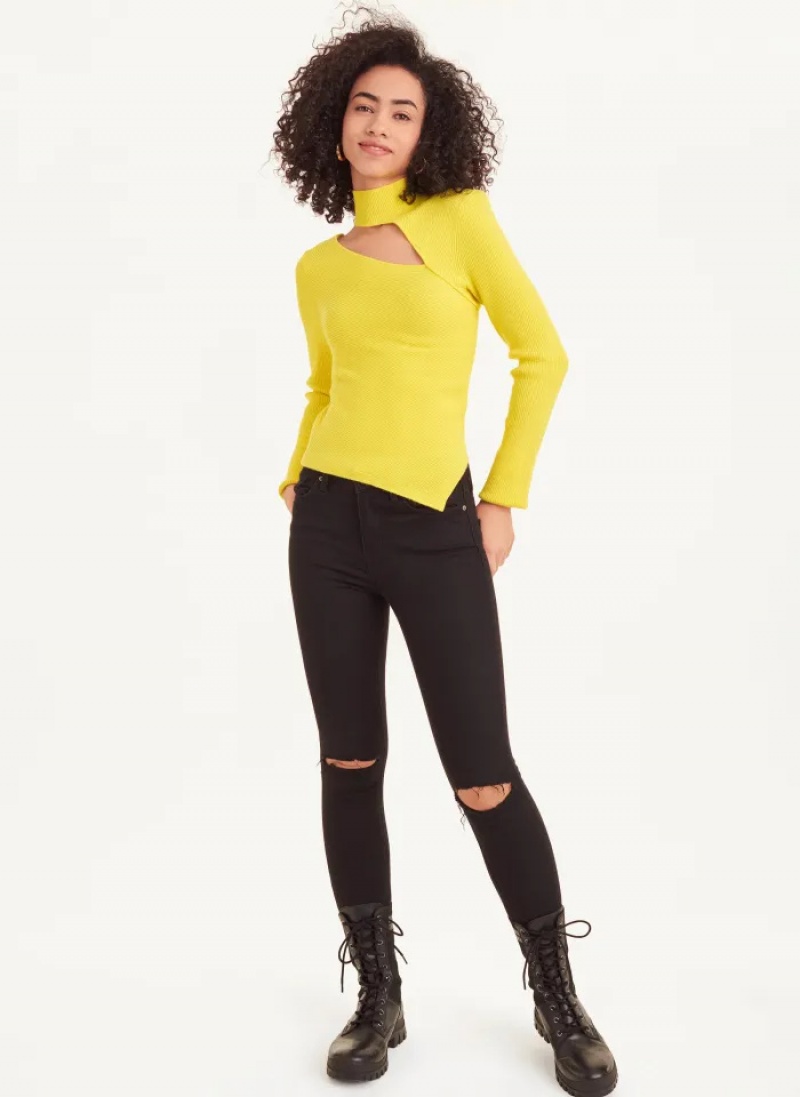 Yellow Women's Dkny Long Sleeve Cutout Mock Neck Sweaters | 291WHFXNG