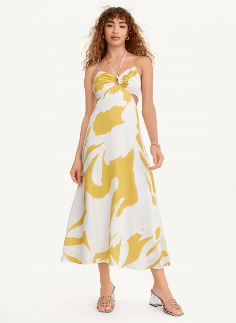 Yellow Women's Dkny Printed Cut Out Halter Dress | 873QKHNYD